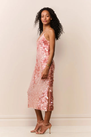 LoveShackFancy Kayleen Peach Sequin Midi Dress – worn