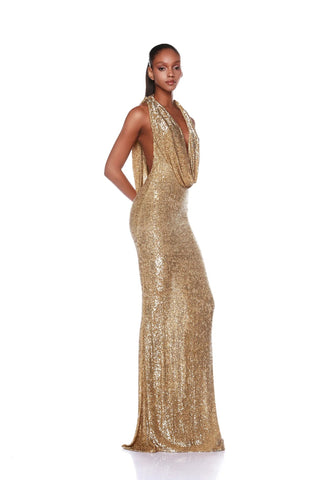 Bronx and Banco Iris Gold Beaded Gown – back view