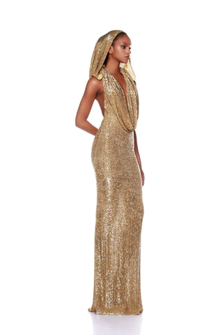 Bronx and Banco Iris Gold Beaded Gown – close-up
