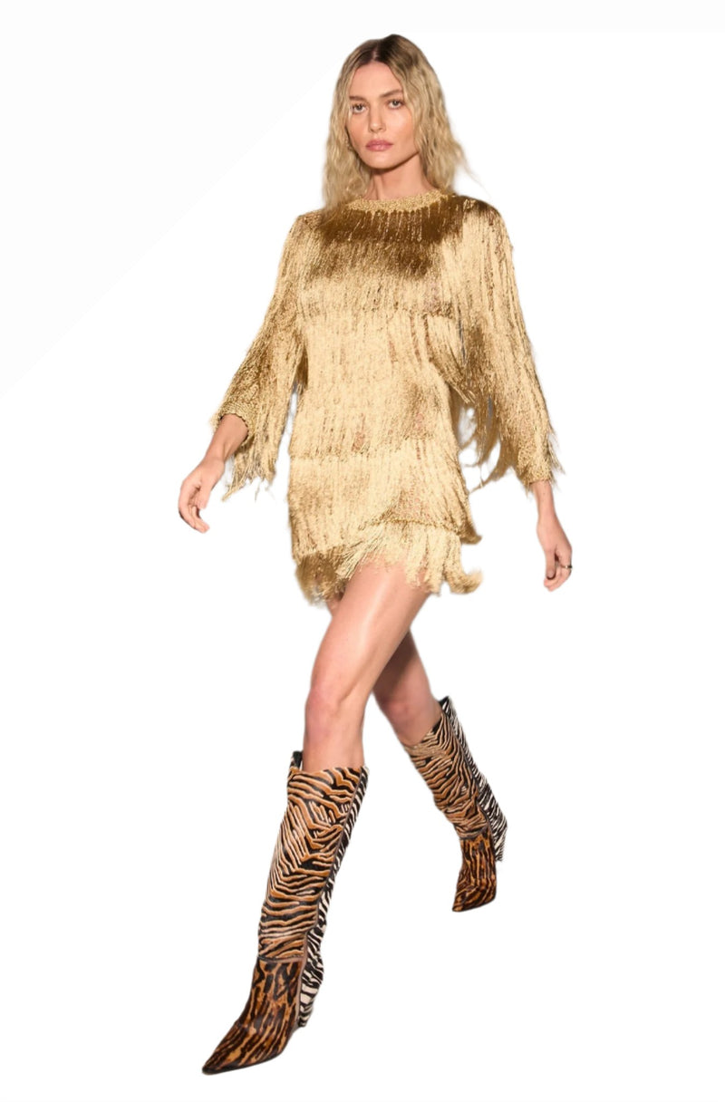 Andrea Almeida Bianca Gold Fringe Mini Dress